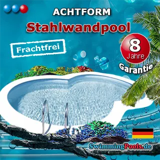 Stahlwandpool achtform 470x300x135 ist für den Einbau ins Erdreich und als Aufstellpool geeignet